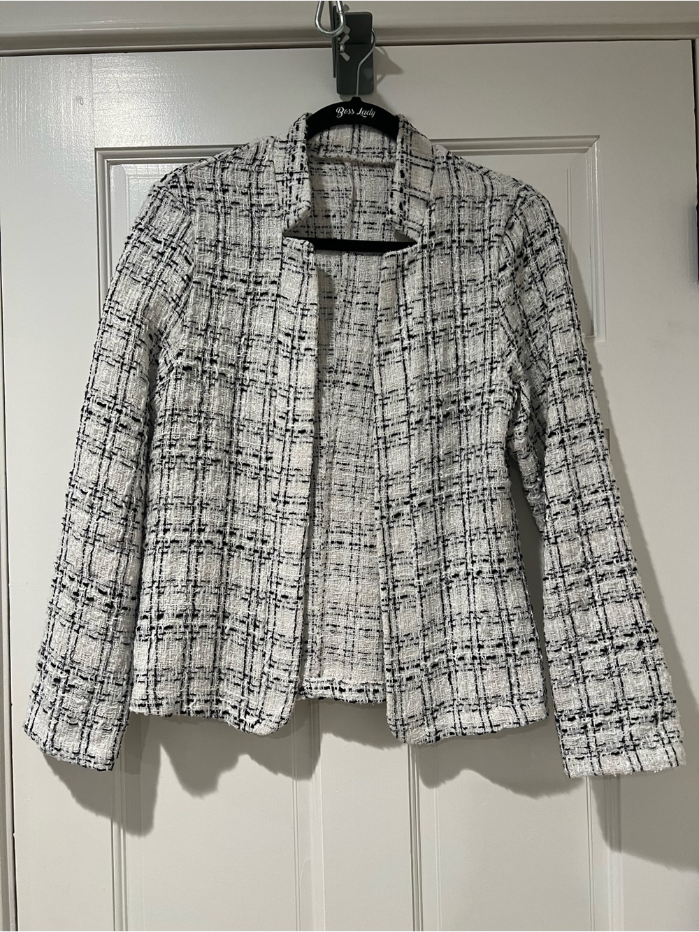 Classic Black & White Tweed Open Front Women's Jacket